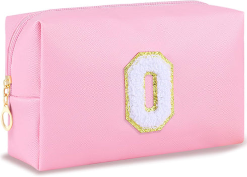 Personalized Initial Makeup Bag, Cute Pink Chenille Letter Cosmetic Pouch, Waterproof Zippered Toiletry Organizer for