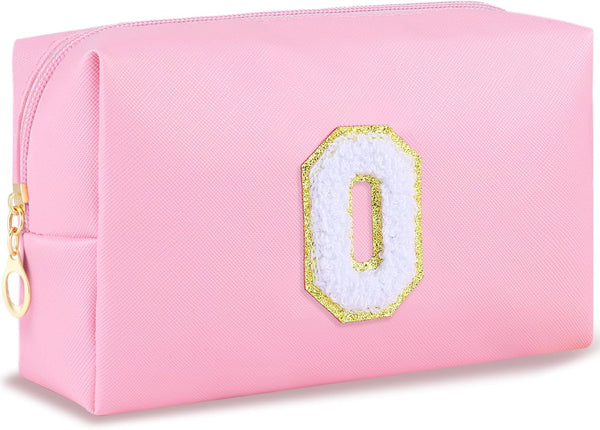 Personalized Initial Makeup Bag, Cute Pink Chenille Letter Cosmetic Pouch, Waterproof Zippered Toiletry Organizer for