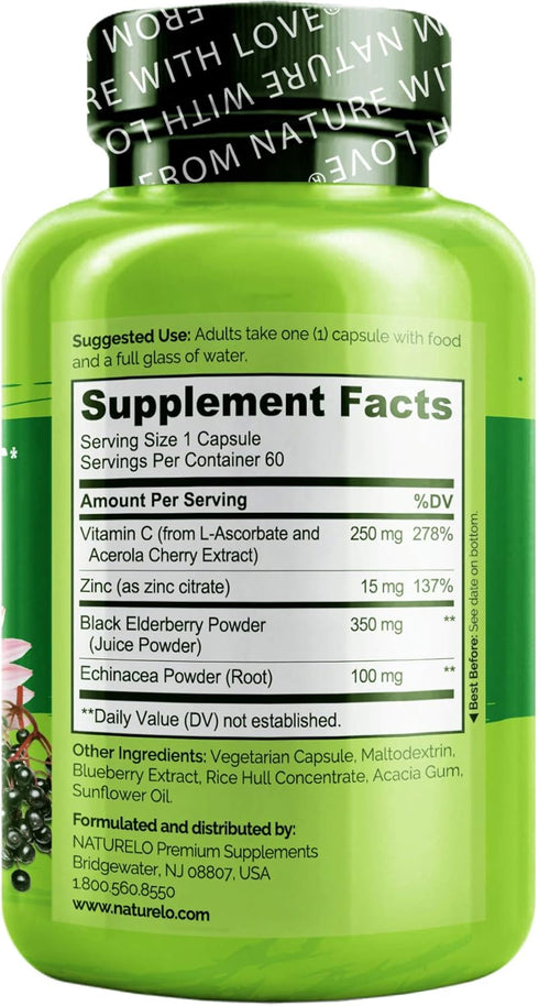 NATURELO Immune Support – Vitamin C, Elderberry, Zinc, Echinacea – Natural Immunity Boost Twin Pack, 120 Vegan Capsules