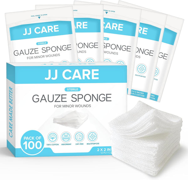 JJ CARE Sterile Gauze Pads 2" x 2" (Pack of 100), 12-Ply Cotton, Individually-Wrapped for First Aid Kit & Wound Care