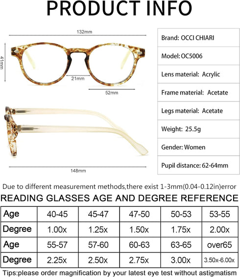 OCCI CHIARI 1.75 Reading Glasses for Women - Magnification Women's Readers 175 (1.0 to 6.0 Magnification Options)