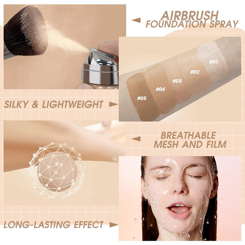 AirBrush Foundation Spray, Silky Mist Makeup Set with Brush, Full Coverage Foundation for Smooth Radiant Finish (#02