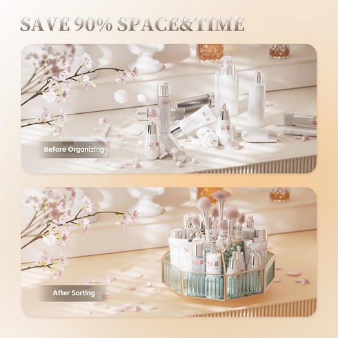 Rotating Makeup Organizer, High Hardness Glass Cosmetic and Skincare Organizer for Bathroom Counter