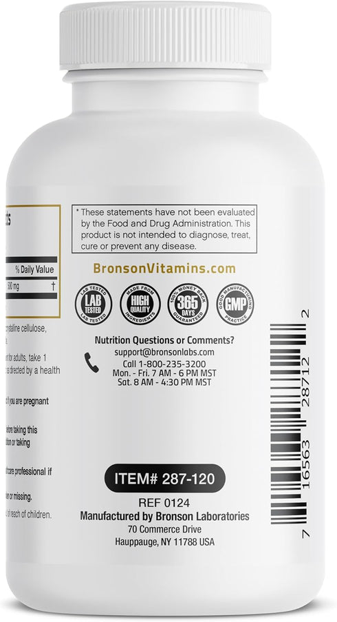 Bronson Acetyl L-Carnitine 500 MG, High Potency Amino Acid, Non-GMO, 120 Capsules