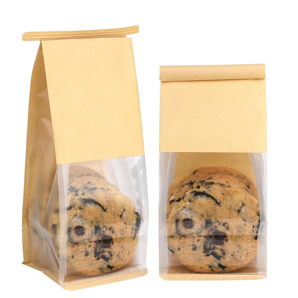 Kosotody 50 Pack Small Bakery Bags with Window,3.9x3.1x8.2 Inches Brown Kraft Paper Bakery