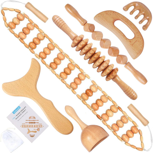 7-in-1 Wood Therapy Massage Tools - Lymphatic Drainage Massager for Muscle Pain Relief, Maderoterapia Kit for Body