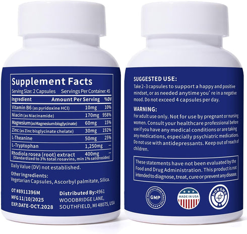 Smelling salts 1250mg 400mg 90 Serotonin Supplement - Serotonin Booster with L-Tryptophan & Rhodiola Rosea - Boost