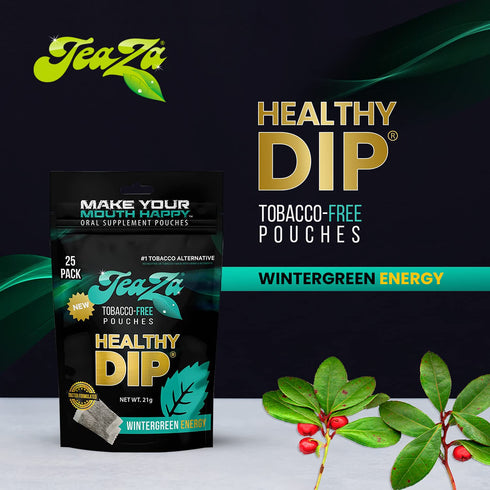 Teaza Herbal Energy Pouches, Tobacco Alternative Nicotine Free Dip, Smokeless Snuff Healthy Dip Pouches, Wintergreen