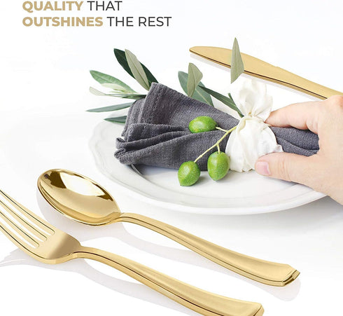 Gold Plastic Silverware Set - 160 Bulk Pack with 80 Forks, 40 Knives, 40 Spoons, Heavy Duty Disposable Cutlery