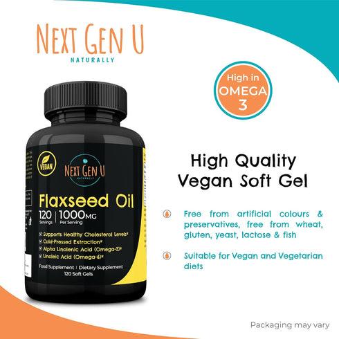 Next Gen U Flaxseed Oil w/Omega 3, 6, 9, Cold Pressed Dietary Supplement, 1000 mg, 120 Vegan Softgels