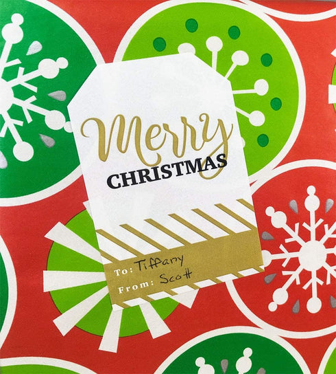 Merry & Bright Gold Gift Tag Stickers, 2 x 3 Inch Holiday Labels, Roll of 100 with 4 Festive Designs