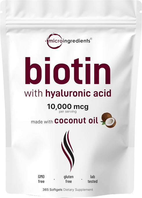 Micro Ingredients Biotin 10,000mcg w/Hyaluronic Acid 25mg - 365 Virgin Coconut Oil Softgels, Supports Healthy Hair