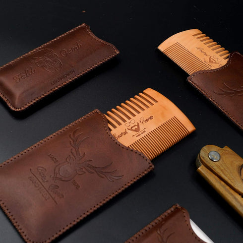 Wooden Beard Comb, 3 Pieces with Durable Cases for Men, Fine & Coarse Teeth, Brown Deer Design