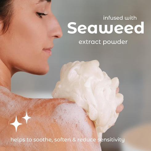 MainBasics Seaweed Infused Bath Shower Loofah Sponge Pouf, Body Wash Scrubber Set of 3