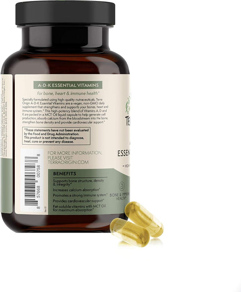 TERRA ORIGIN ADK Essential Vitamins - 60 High Potency Liquid Capsules, Vegan, Non-GMO, Gluten Free, Made in the USA