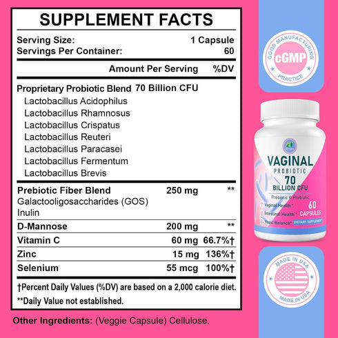 Vaginal Probiotics, 70 Billion CFU 13 Strains Probiotics for Women, with Prebiotic & D-Mannose, Womens Probiotic for Vaginal Health, Urinary, pH Balance, Immune & Digestive - Shelf Stable, 60 Capsules