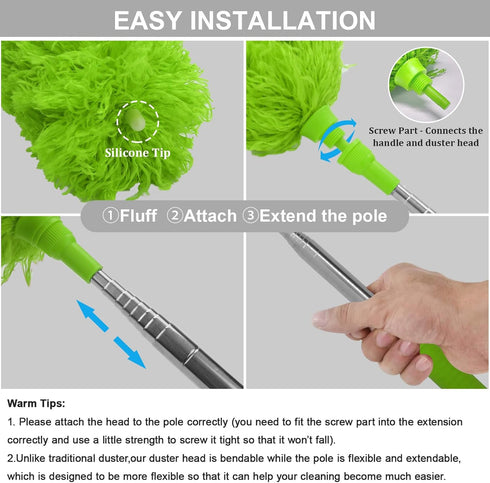 DELUX Microfiber Duster, 100 inches Extendable with Bendable Head, Green Cleaning Tool