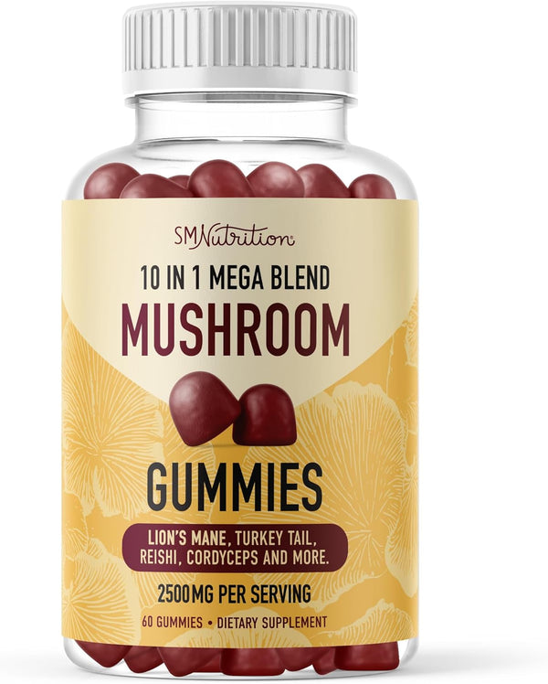 Mushroom Gummies 60ct, 10-in-1 Blend with Lions Mane, Turkey Tail, Reishi, Chaga, Cordyceps, Maitake & More