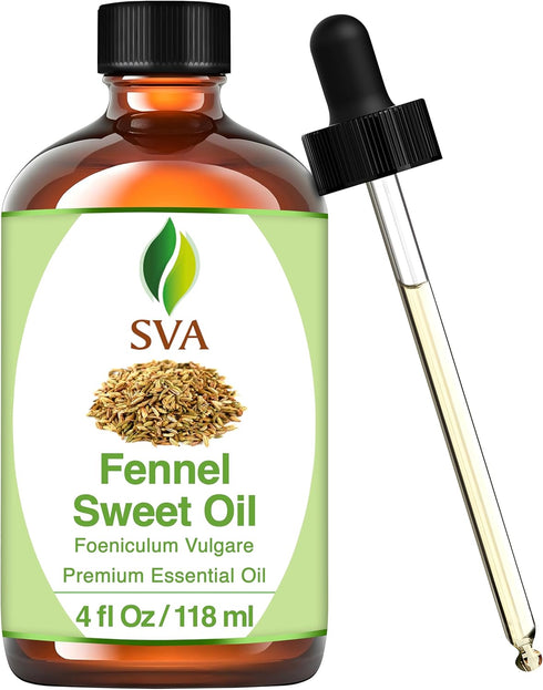 SVA Sweet Fennel Essential Oil, 4 Fl Oz, 100% Natural Fennel Oil for Diffuser, Hair Care, Skin Care, Aromatherapy,