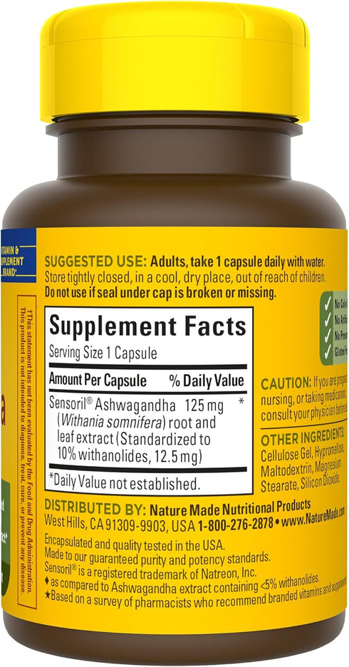 Nature Made Ashwagandha Capsules, 125mg for Stress Support, 60 Capsules, 60 Day Supply