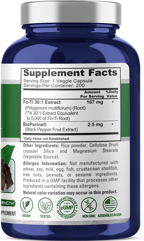 NusaPure Fo-Ti 5000mg per Veggie Caps, 200 Count, He-Shou-Wu Root, Traditional Herb, Non-GMO, Vegan, Bioperine