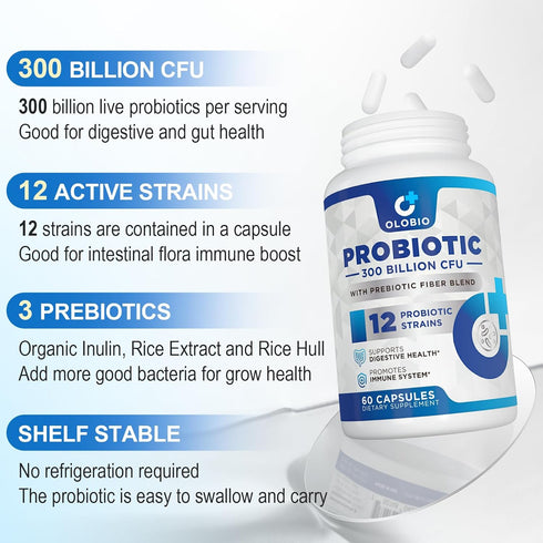 300 Billion CFU Probiotic, 12 Probiotic Strains + 3 Prebiotics, Daily Supplement for Digestive Health, 120 Counts