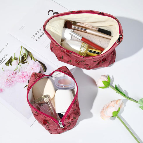 2 Pieces Red Rose Makeup Bag, Large Capacity Canvas Travel Toiletry Bag Organizer for Women
