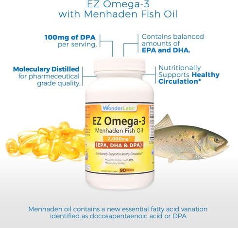 EZ Omega-3 Atlantic Menhaden Fish Oil Supplement 2000 mg, Burpless, EPA+ DHA + DPA, 180 Softgels Made in USA