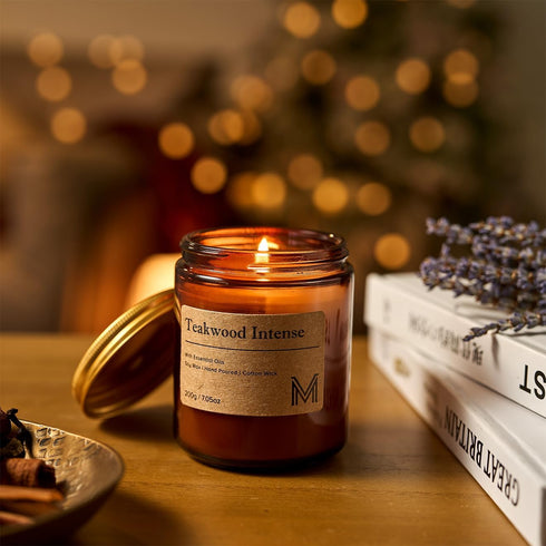 Set M&SENSE Teakwood Intense Scented Christmas Candle Gift, Aromatherapy Candle for Women, Soy Wax Candles Home