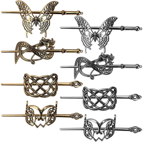 Viking Metal Hair Clips: 8-Pack Vintage Hair Sticks for Buns Silver Gold Retro Celtic Hair Accessories