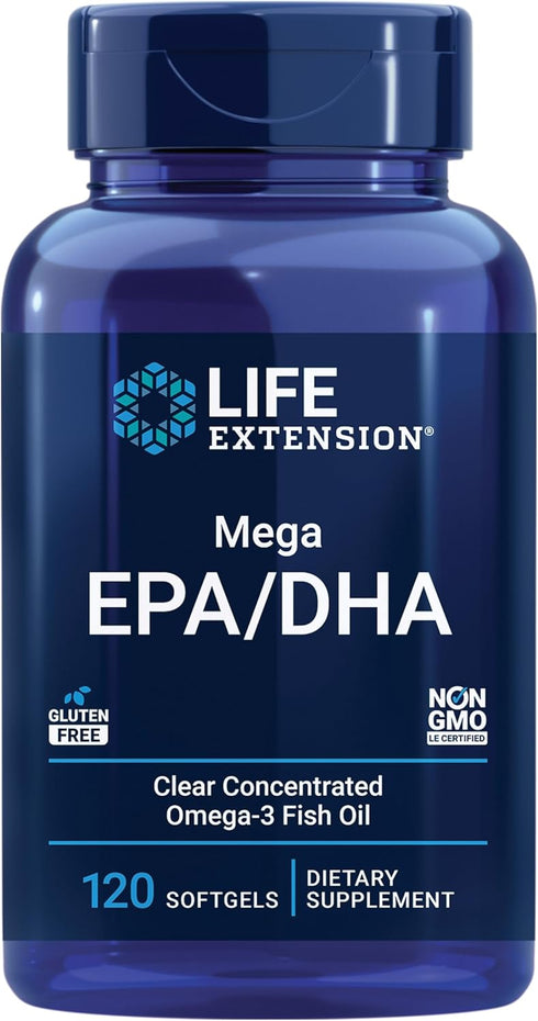 Life Extension Mega EPA/DHA, Omega-3 Fatty Acids, Heart & Brain Health, Non-GMO, 120 Softgels