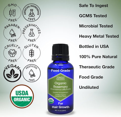 Organic Rosemary Oil - 100% Pure Food Grade Essential Oil for Hair Growth, by Zongle Therapeutics, 1 OZ