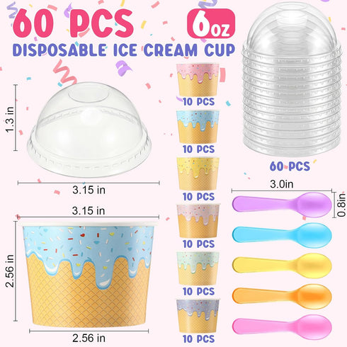 Jingmore 60 Set 6oz Ice Cream Paper Cups with Lids and Spoons, Disposable Sundae Bowls, Dessert Cups for Birthday Party