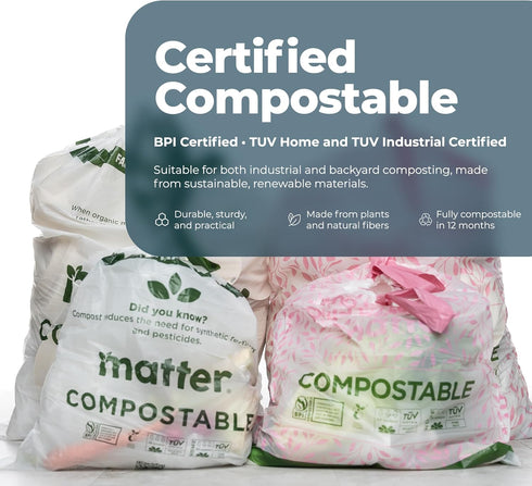 Pack 3 13 70 Count Matter Compostable Variety Gallon and Gallon Kitchen Trash Bags with Drawstring, Unscented, Durable