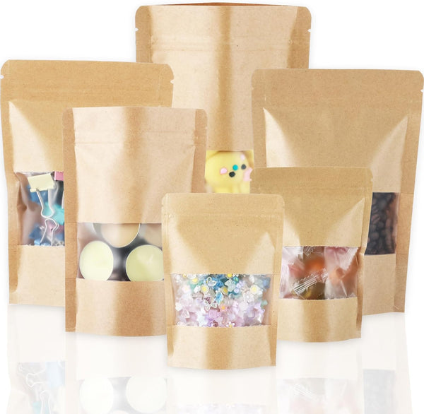 150 Kraft Mylar Bags for Food Storage, 6X9 Mylar Bags with Window, Resealable Bags for Small Business Packaging