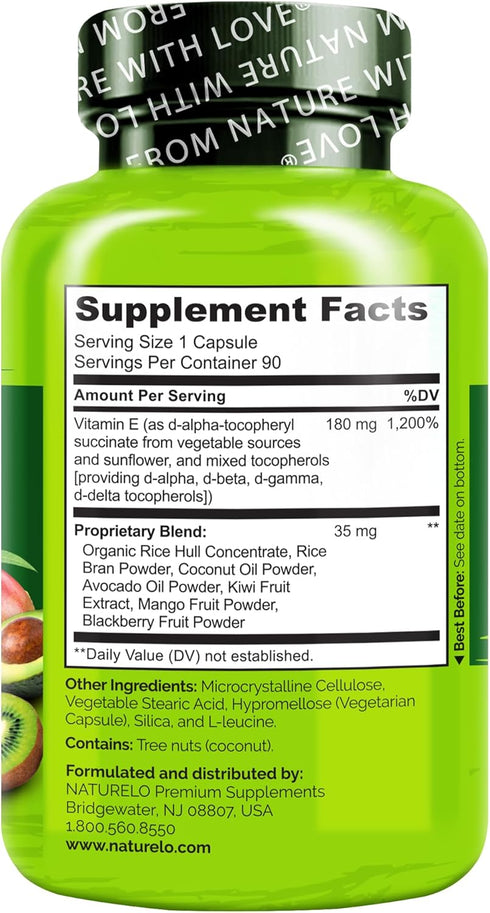 NATURELO Vitamin E - 180 mg (300 IU) Natural Mixed Tocopherols from Organic Whole Foods, 90 Vegan Capsules