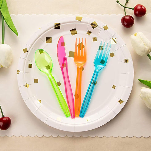 Juvale 216 Piece Rainbow Plastic Silverware Set, Neon Forks, Spoons, Knives for Parties