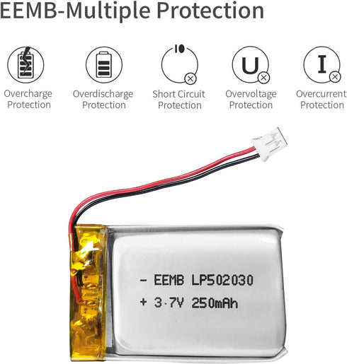 EEMB Lithium Polymer Battery 3.7V 250mAh 502030 Lipo Rechargeable Battery Pack with JST 2.0mm Connector