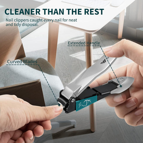 Nail Clippers with Catcher, No Splash Fingernail Toenail Clippers with Sharp Curved Blade and Glass Nail File