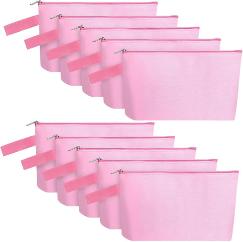 10 Pieces Pink Cotton Canvas Makeup Bag with Bottom and Strap, Multi-Purpose Cosmetic Bag with Zipper Travel Pouch