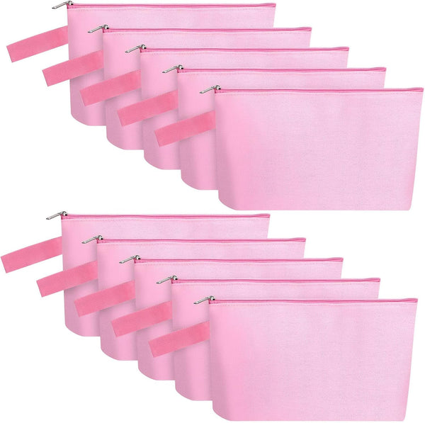 10 Pieces Pink Cotton Canvas Makeup Bag with Bottom and Strap, Multi-Purpose Cosmetic Bag with Zipper Travel Pouch