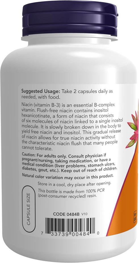 NOW Supplements Niacin (Vitamin B-3) 250 mg, Flush-Free, 180 Veg Capsules