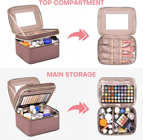 Large Makeup Bag with Mirror, Double Layer Travel Organizer Case, High Capacity Cosmetic Bag with Brush Slot Divider