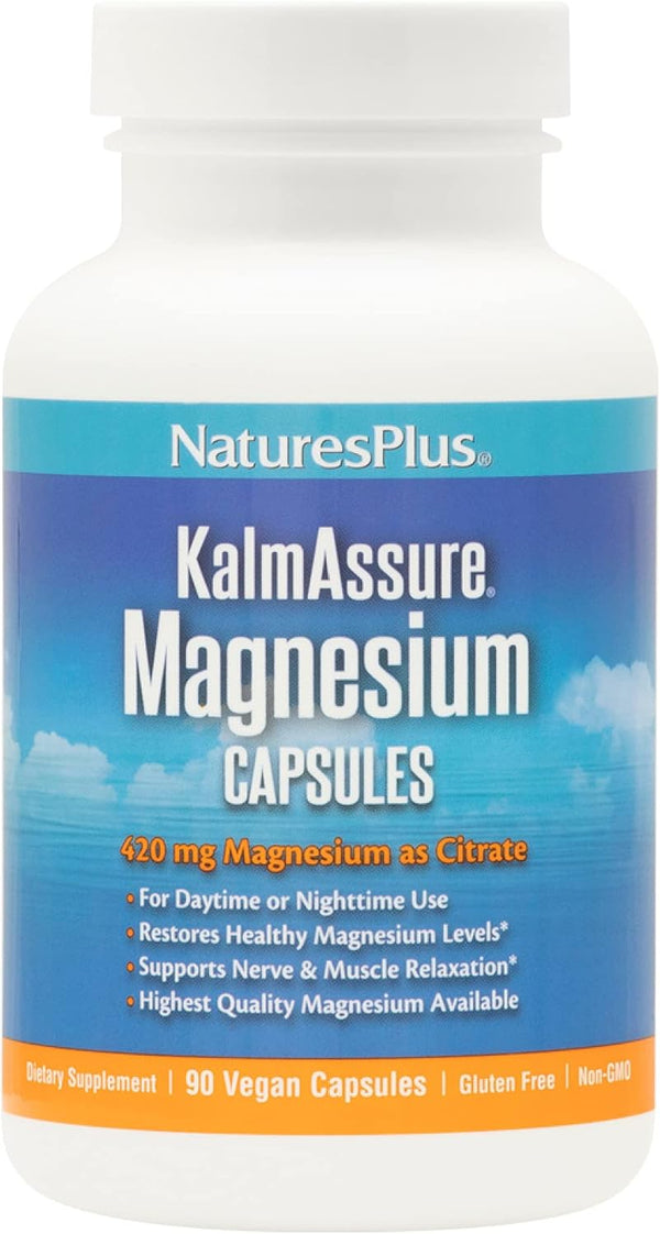 NaturesPlus Kalmassure Magnesium - 90 Vegan Capsules 400 mg for Natural Stress Relief & Muscle Relaxation - Gluten-Free