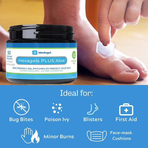 Hexagels Plus Aloe Vera Hydrogel Pads, Blister Prevention and Treatment, Instant Cooling Relief, 50ct Hexagon Pads