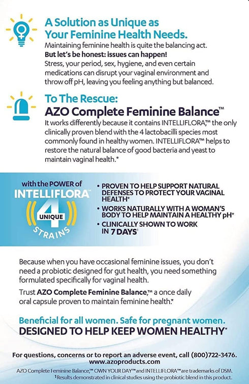 AZO Complete Feminine Balance - Daily Probiotics for Women, Clinically Proven for Vaginal Health, 30 Count