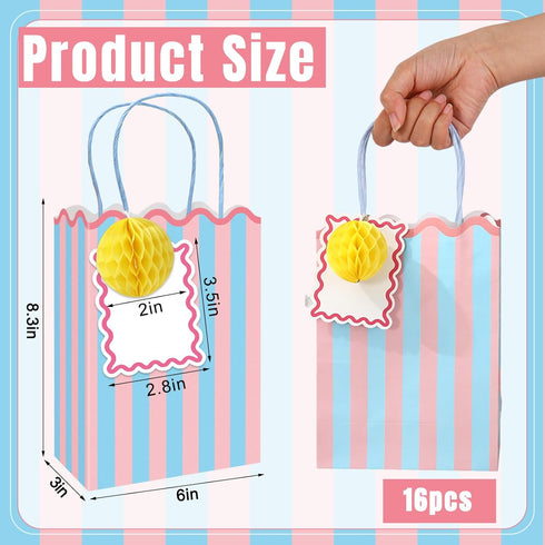Summer 16 Set FYSUIMU Spring Stripe Paper Bag with Honeycomb Ball and Tag Scalloped Treat Bags with Handles Candy