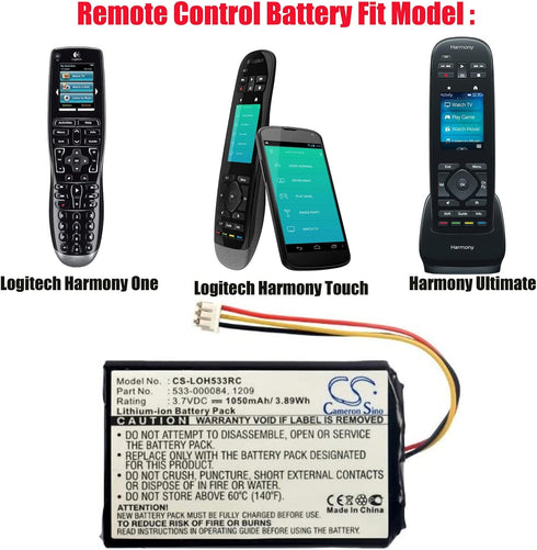 Cameron Sino 3.7V 1050mAh Replacement Remote Control Battery for Logitech 915-000198, Harmony Touch, Harmony Ultimate, Harmony Ultimate One, Part No. 533-000083, 533-000084