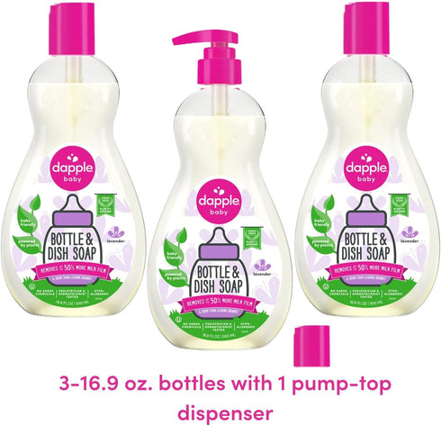 Dapple Baby Bottle and Dish Soap, Lavender, 16.9 Fl Oz (Pack of 3), Plant-Based Hypoallergenic
