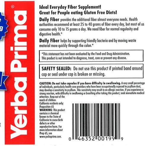Yerba Prima Daily Fiber Formula - 180 Caps (Pack of 2), Soluble & Insoluble Dietary Fiber Supplement